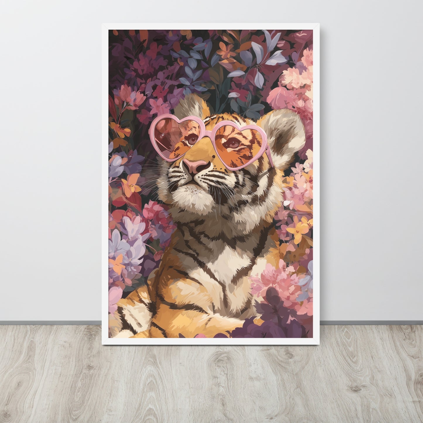 Framed whimsical illustration of a tiger cub wearing pink heart-shaped sunglasses on a high-quality matte finish.