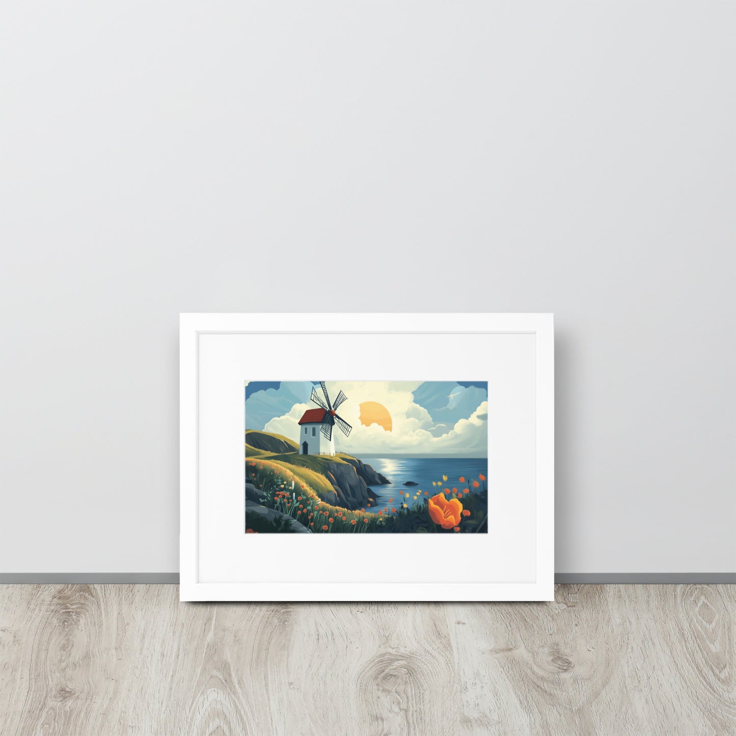 Framed poster of a windmill by the sea on a white background by Sweet and Savage.