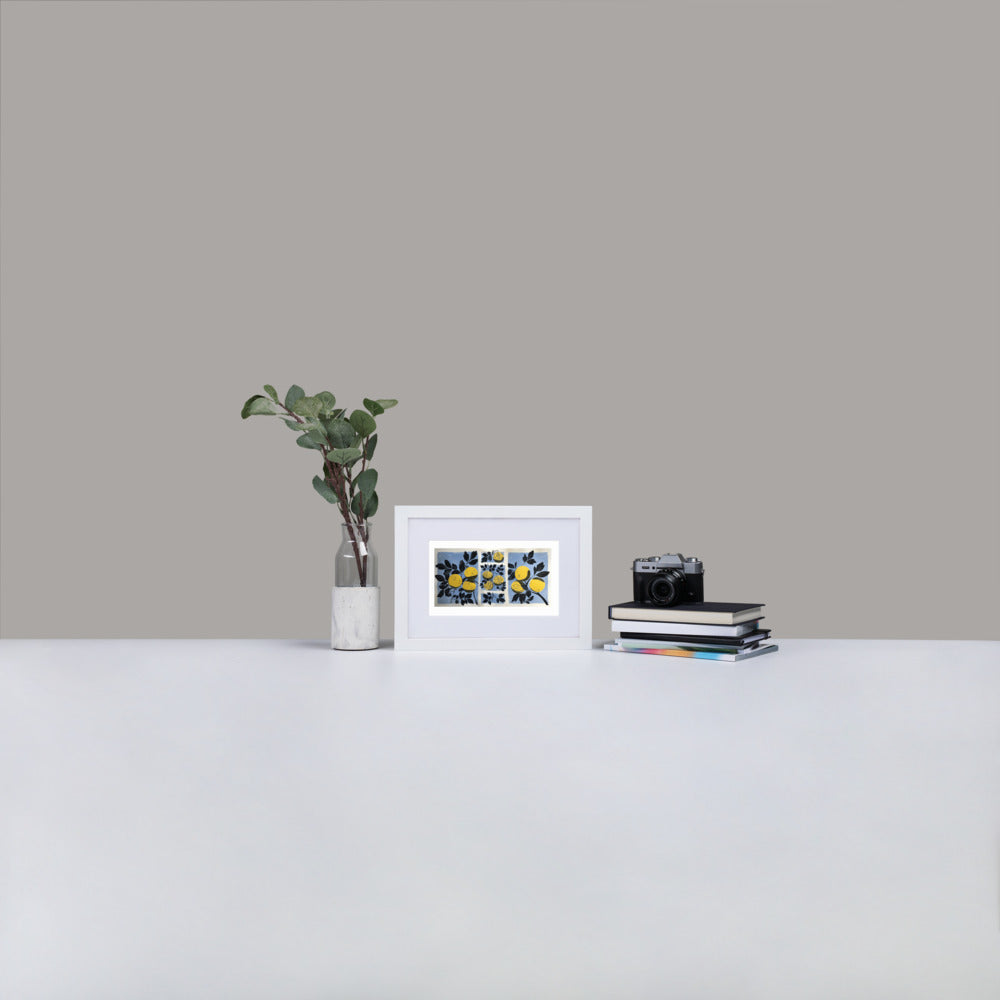 Framed A4 kitchen poster featuring a vibrant illustration of a yellow watermelon with a white mat board and professional wood frame.