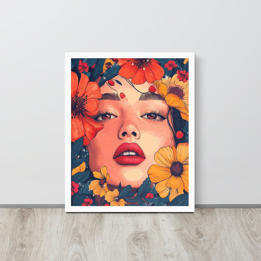 Framed artistic poster of a young woman surrounded by colorful summer flowers on a high-quality matte finish.