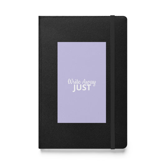 Black notebook with a purple front cover displaying 'Write Away JUST' text on a white background by Sweet and Savage.