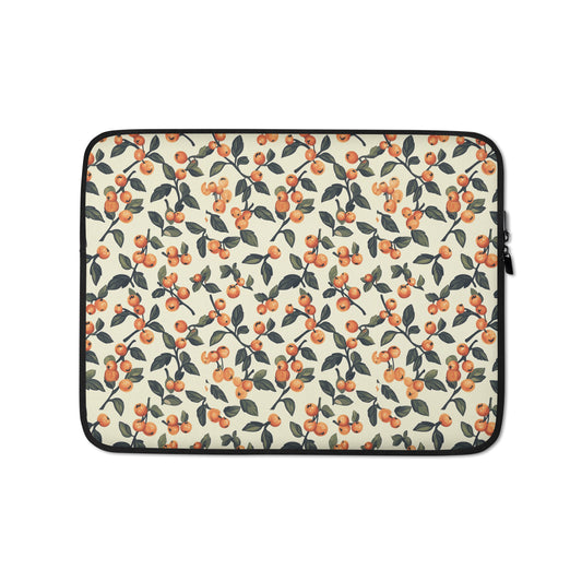 Padded laptop sleeve featuring a vibrant, artistic cherry illustration on a neutral background.