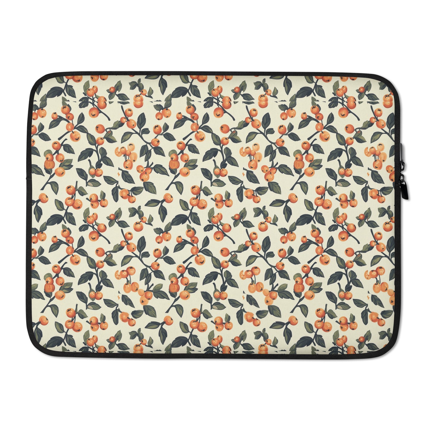 Padded laptop sleeve featuring a vibrant, artistic cherry illustration on a neutral background.