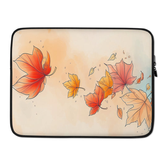 A laptop sleeve featuring an artistic print of autumn maple leaves in shades of orange, red, and yellow by Sweet & Savage on a soft beige watercolor background, with a black zipper border and a silver zipper pull.