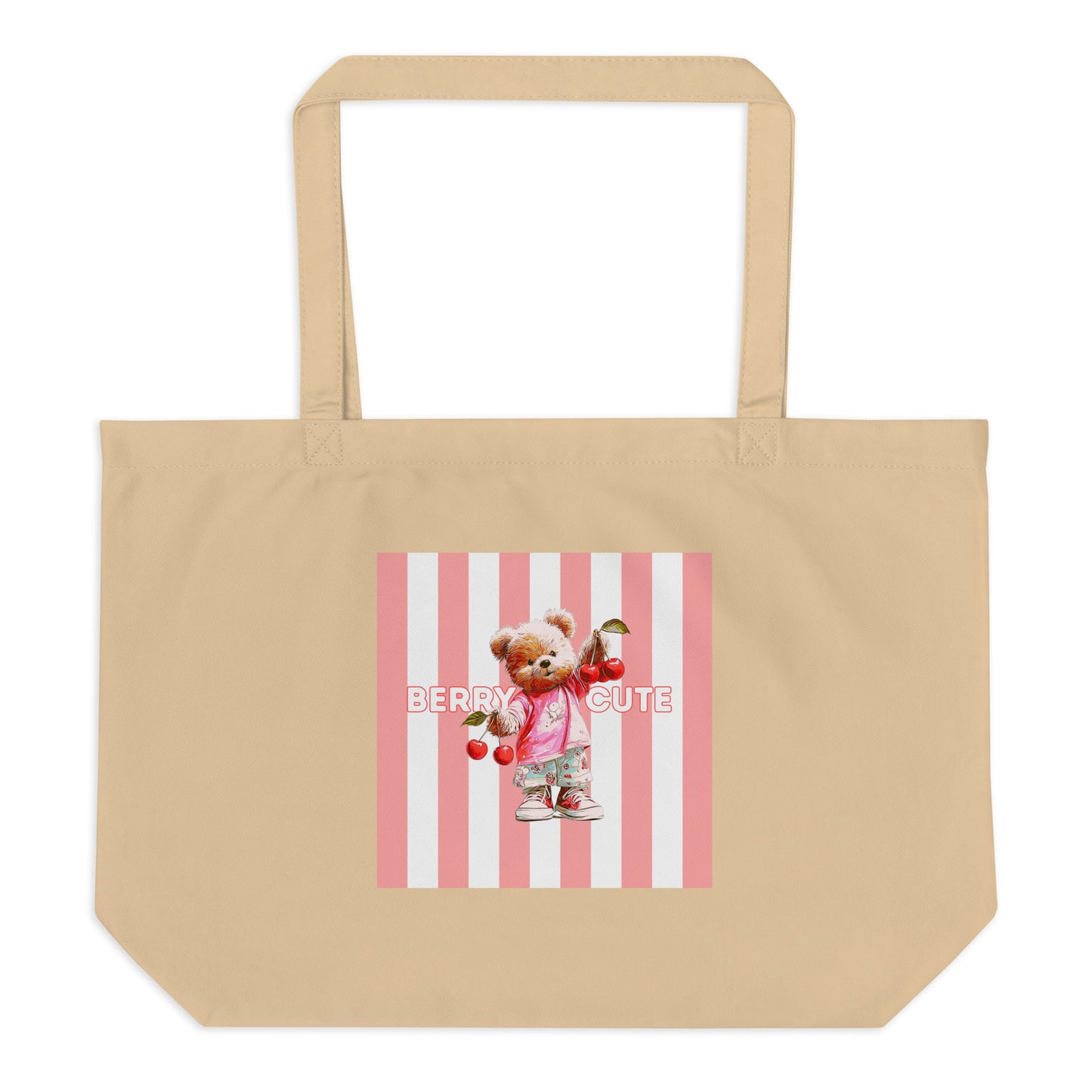 Sweet & Savage 'Berry Cute' Large Organic Tote Bag in beige. Featuring a cute teddy bear holding red cherries.
