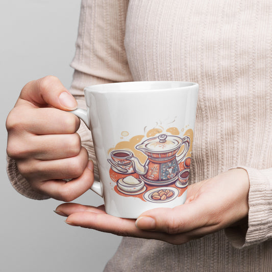 A person in a beige ribbed sweater holds a white ceramic mug with a colorful illustration of a teapot, cups, and tea accessories on the side, against a plain light gray background.