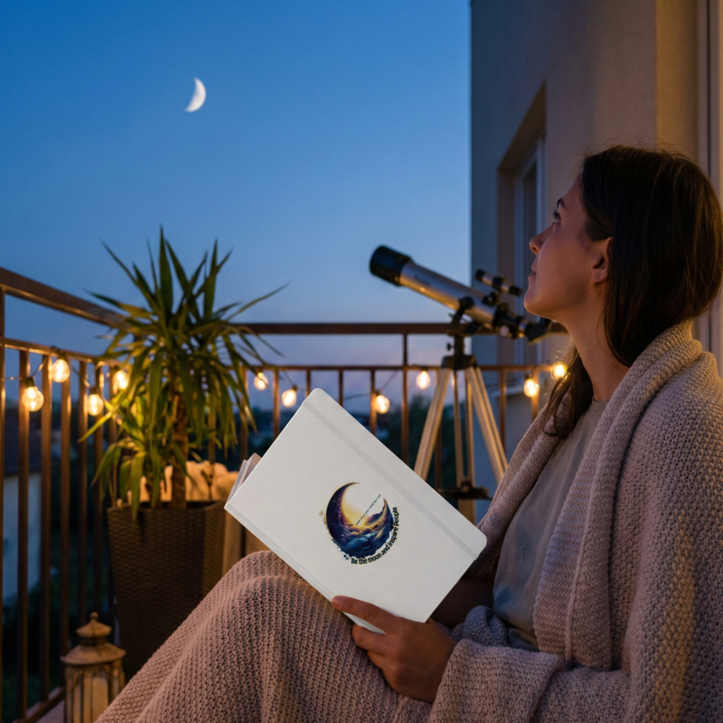 A person sits on a twilight balcony, holding an open white "Be the moon and inspire people" notebook, looking up at the moon, surrounded by warm string lights.