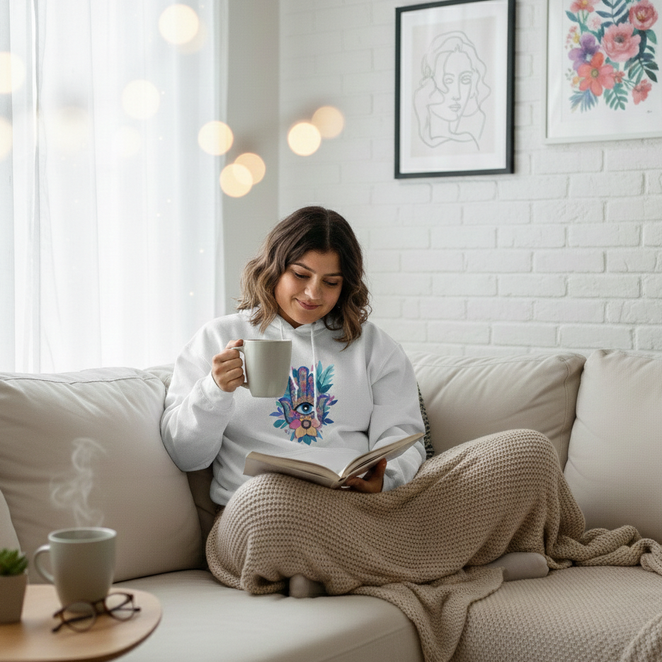 Woman reading a book on a couch with a blanket and mug, cozy indoor setting.