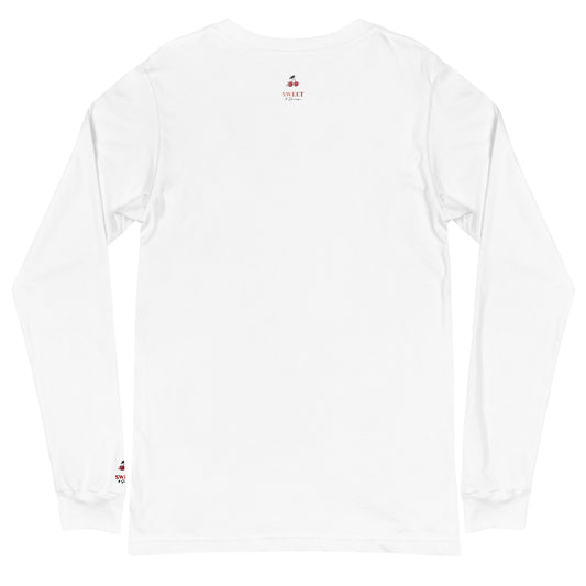 Women's white long-sleeve t-shirt with a colorful Hamsa hand graphic, premium combed ring-spun cotton, sustainable fashion by Sweet & Savage.