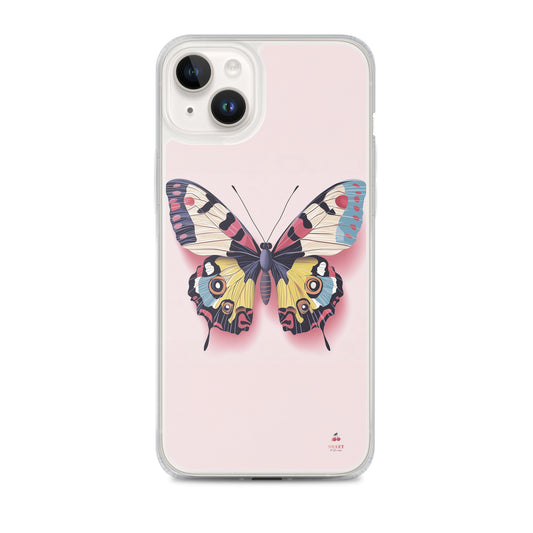 iPhone clear case with a colorful butterfly design on a pink background by Sweet and Savage.