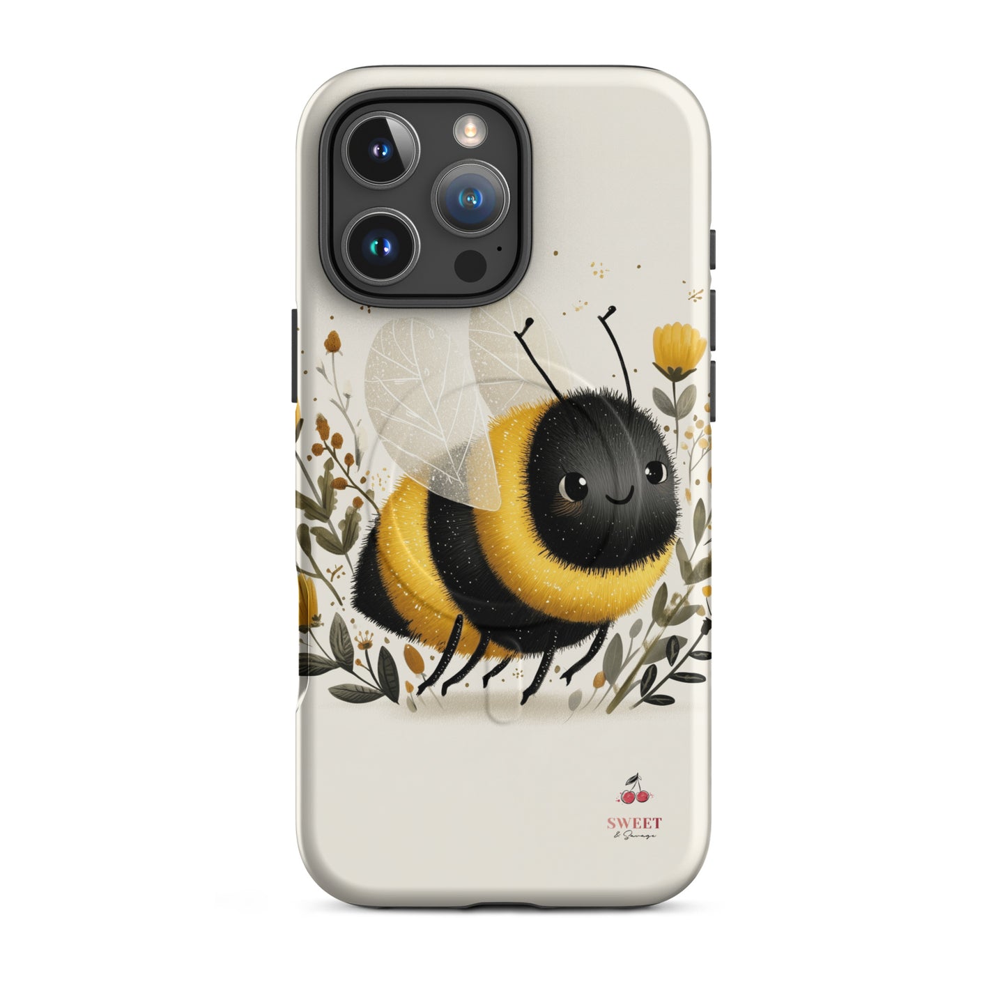 iPhone tough case with a cute bee design surrounded by flowers by Sweet and Savage.