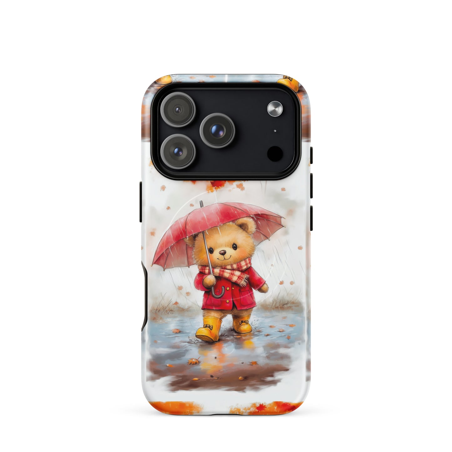 MagSafe iPhone case featuring watercolor art of a cute bear with a red umbrella in autumn rain.