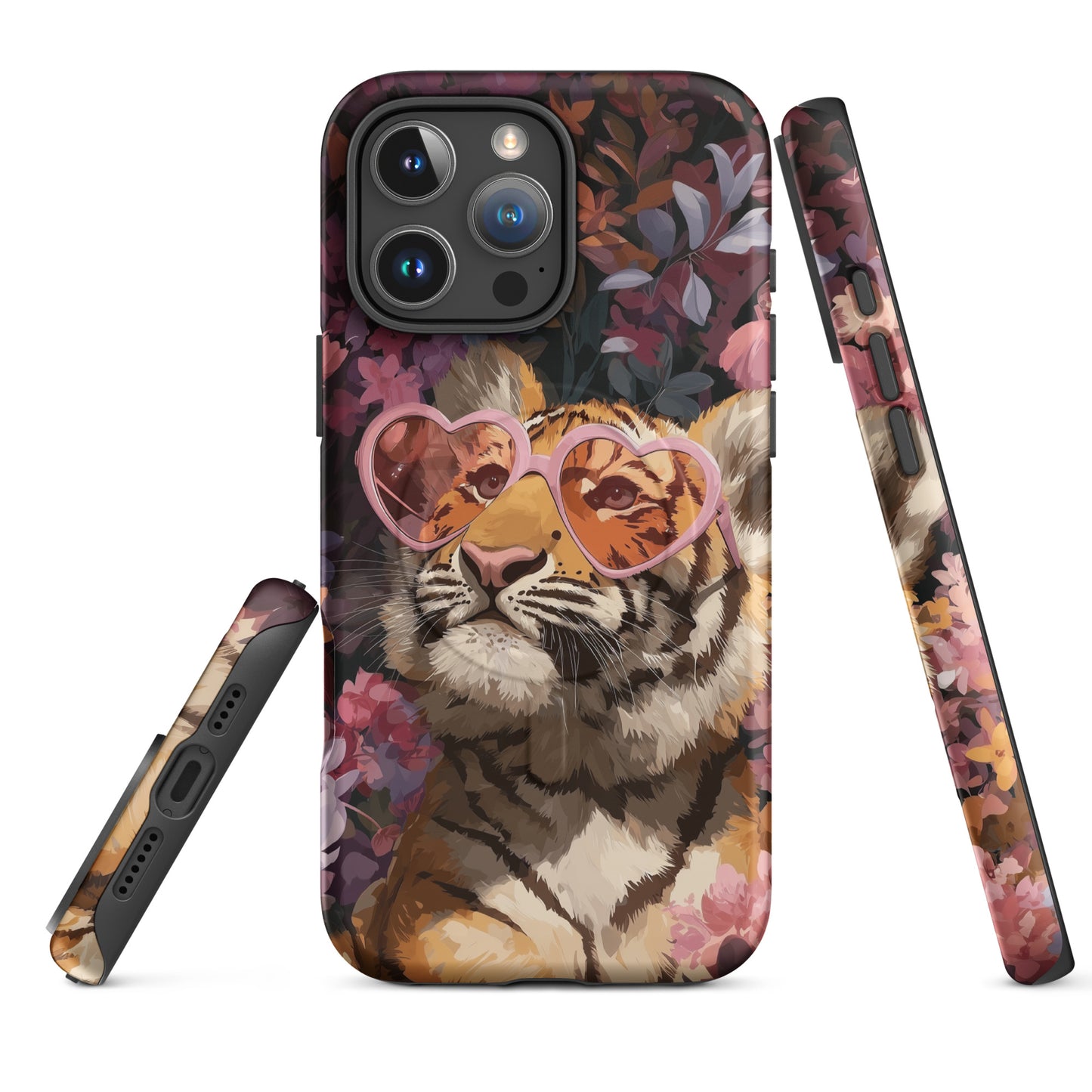 iPhone case with a tiger wearing heart-shaped sunglasses on a floral background by Sweet and Savage.