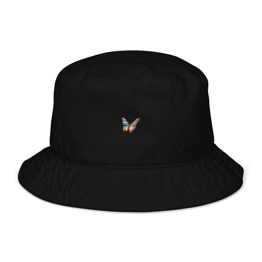 Black organic cotton bucket hat with a small colorful butterfly embroidered on the front.
