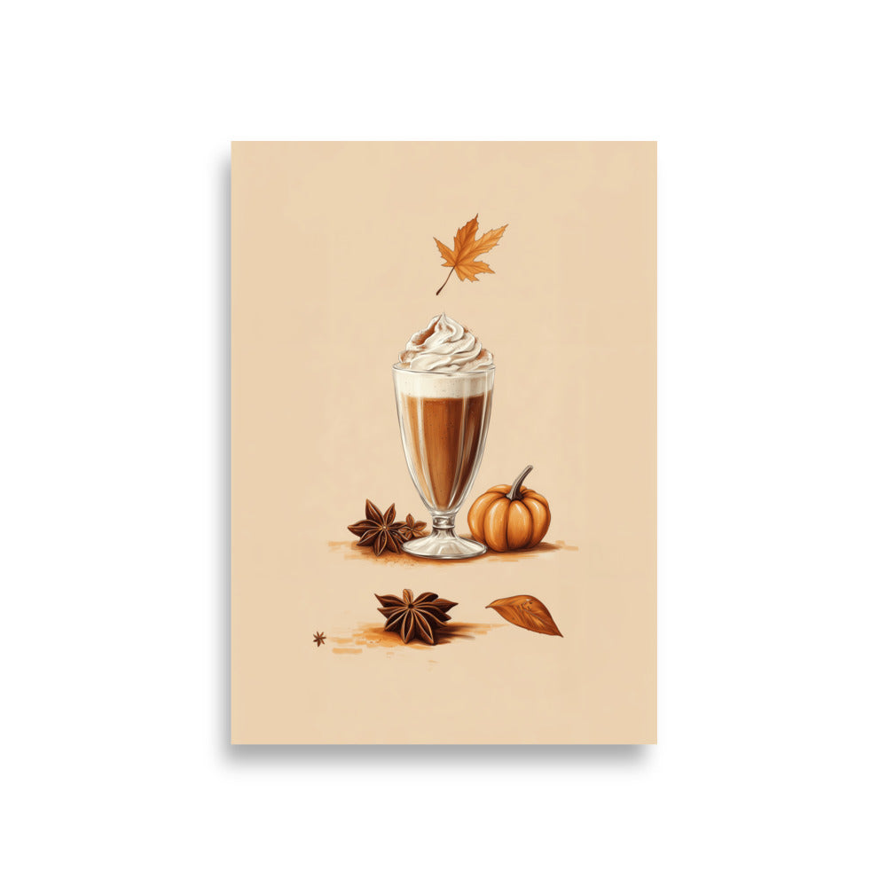 Poster of a pumpkin spice latte with autumn elements on a beige background by Sweet and Savage.
