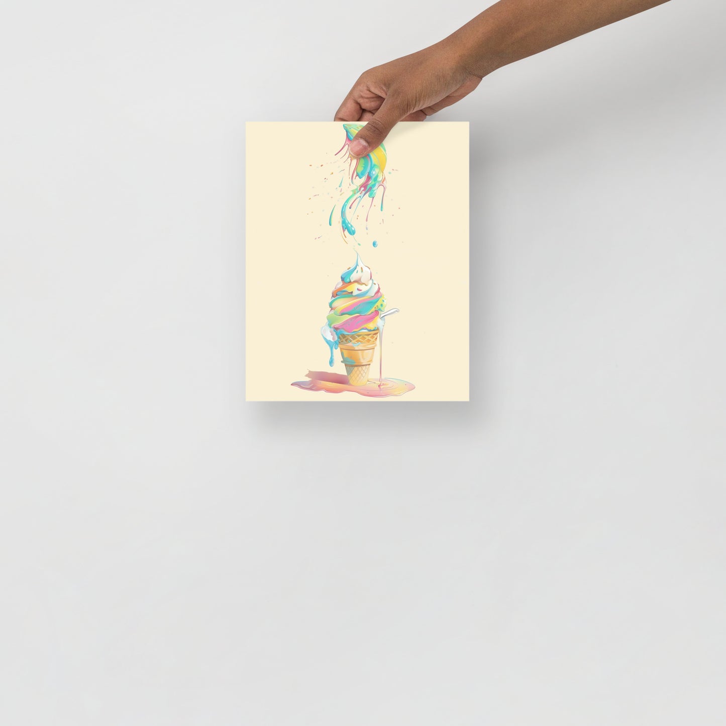 Vibrant illustration of a melting ice cream cone with colorful scoops and sprinkles. High-quality museum-grade paper poster for a modern kitchen or nursery by Sweet & Savage.