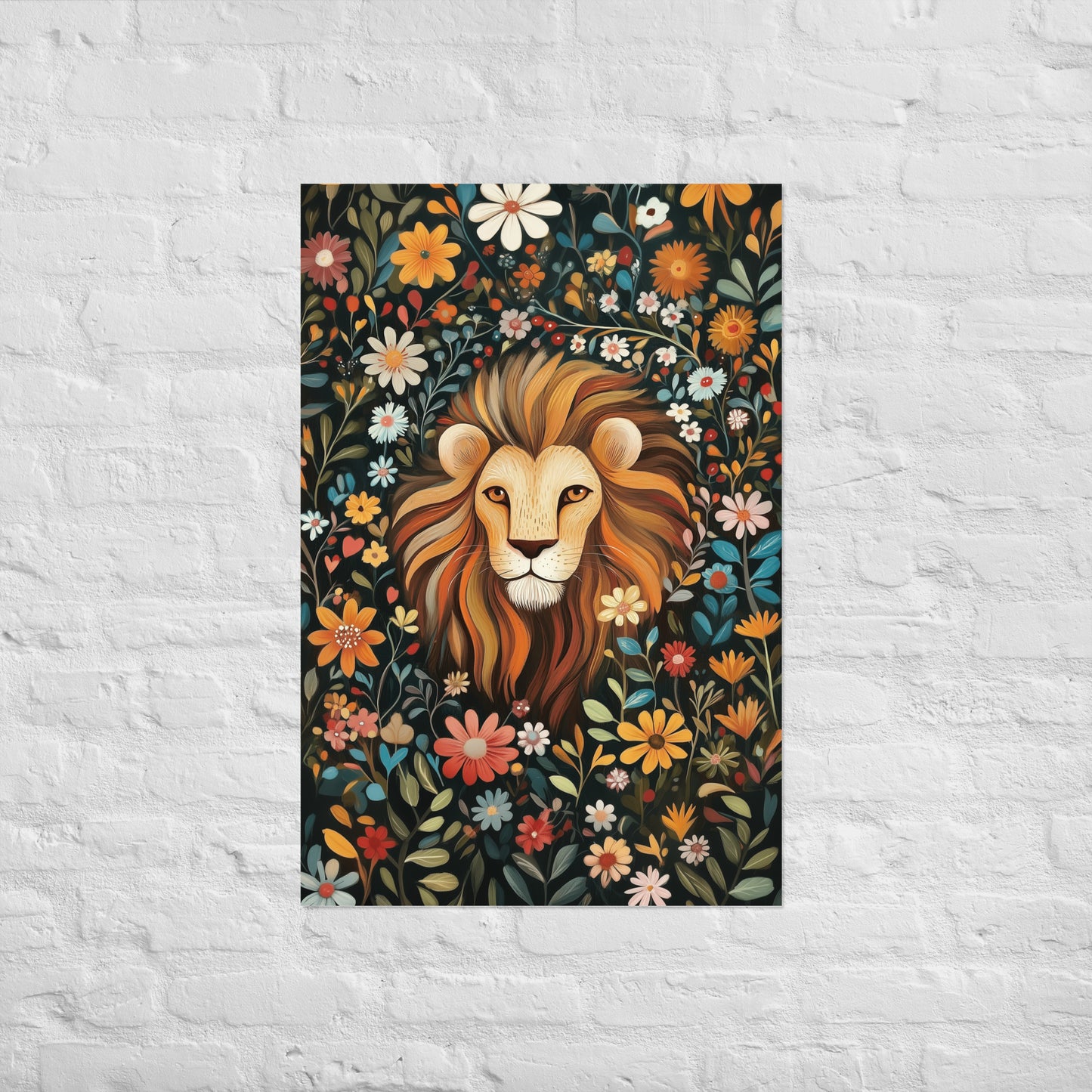 Vibrant illustration of a lion's head with a flowing mane, surrounded by colorful orange, red, and blue flowers on a dark, textured background. Premium wall art poster by Sweet & Savage.