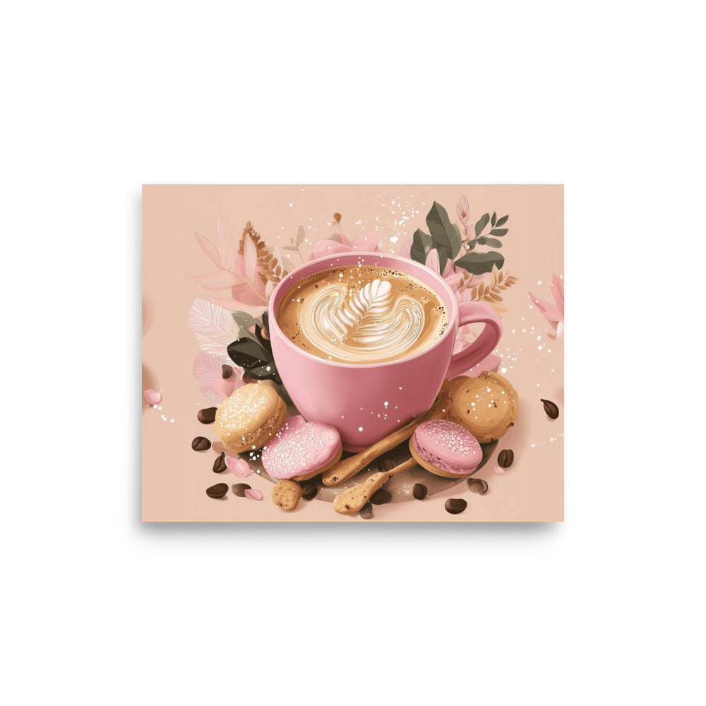 Top-down view of a cozy pink coffee cup with latte art, surrounded by cookies and cinnamon sticks on a soft pink background. High-quality paper poster for kitchen wall art by Sweet & Savage.