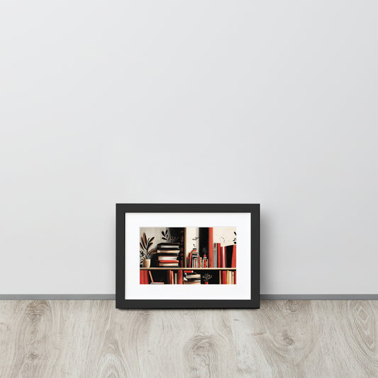 Framed A4 library-themed poster featuring colorful book illustrations with a sophisticated white mat board.