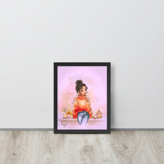 Black framed poster showing a woman in a chunky sweater with autumn-themed illustration.