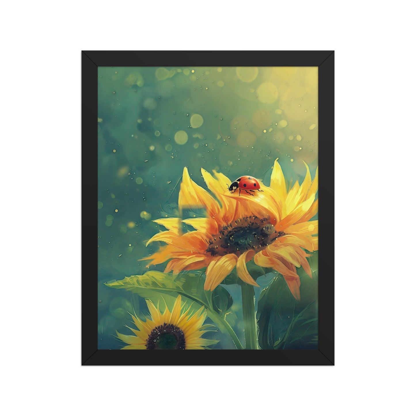 A vertical framed poster featuring a vibrant digital illustration of a red ladybug on a bright yellow sunflower. The background is a dreamy teal and green with glowing bokeh light effects. The art is housed in a sleek black wood frame.