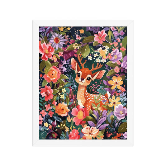 Framed poster of a cute deer surrounded by colorful flowers in a white frame.