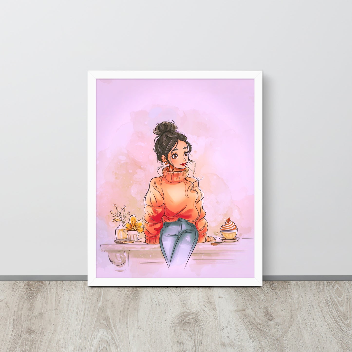 White framed poster showing a woman in a chunky sweater with autumn-themed illustration."