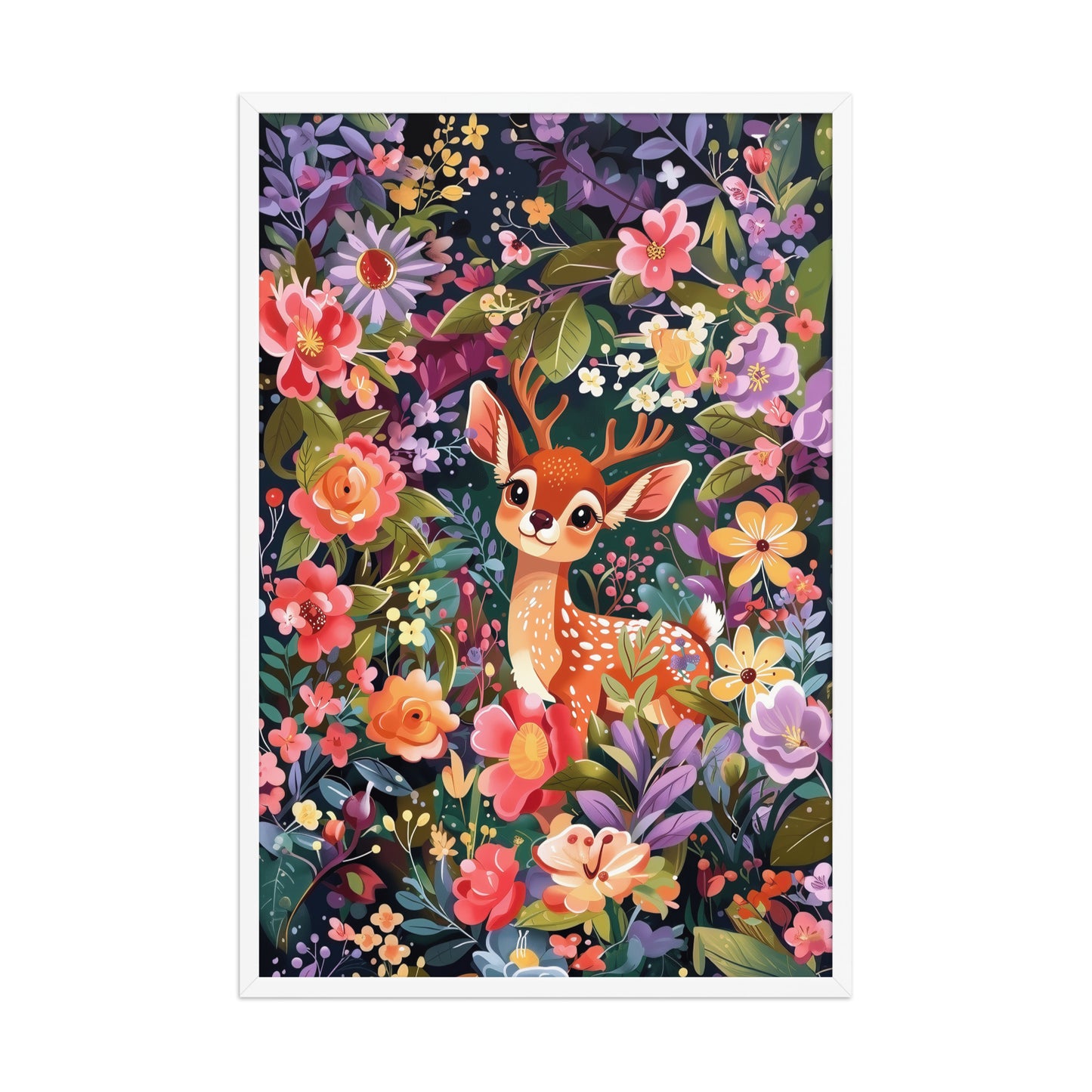 Framed poster of a cute deer surrounded by colorful flowers in a white frame.