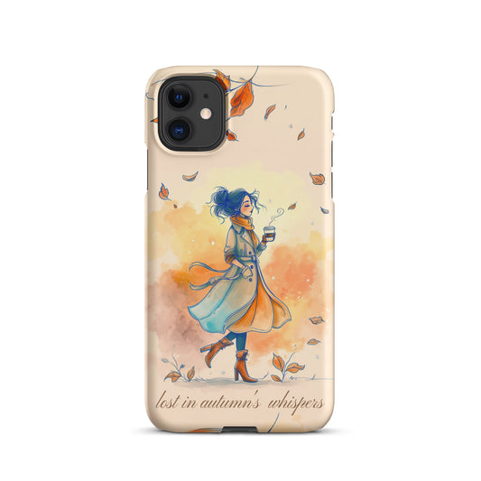 Snap iPhone case featuring watercolor art of a woman in a long coat walking through autumn leaves.