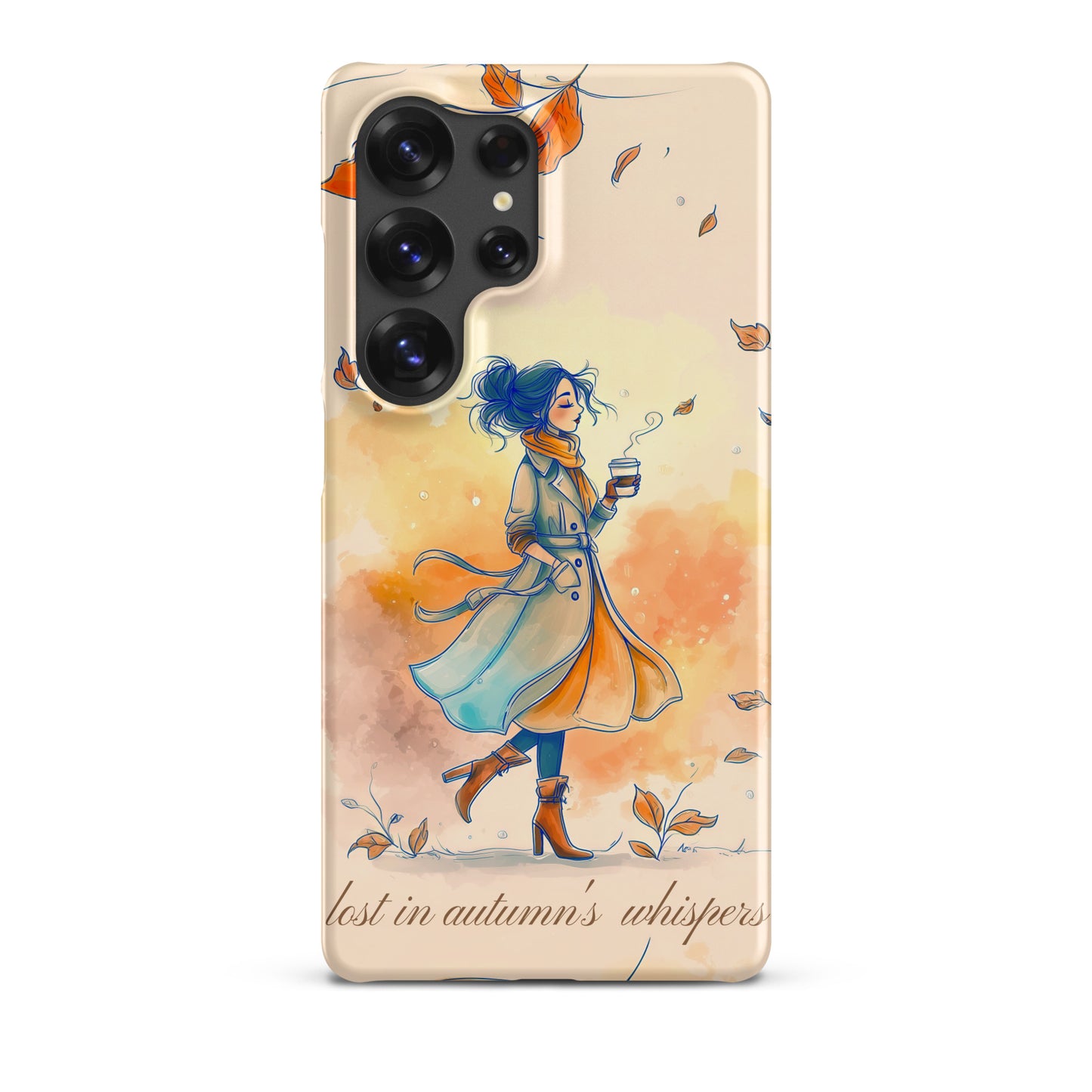 Snap case for Samsung® featuring an artistic illustration of a woman in a long coat carrying a cup of coffee while taking a stroll through a dreamy autumn landscape with falling leaves.