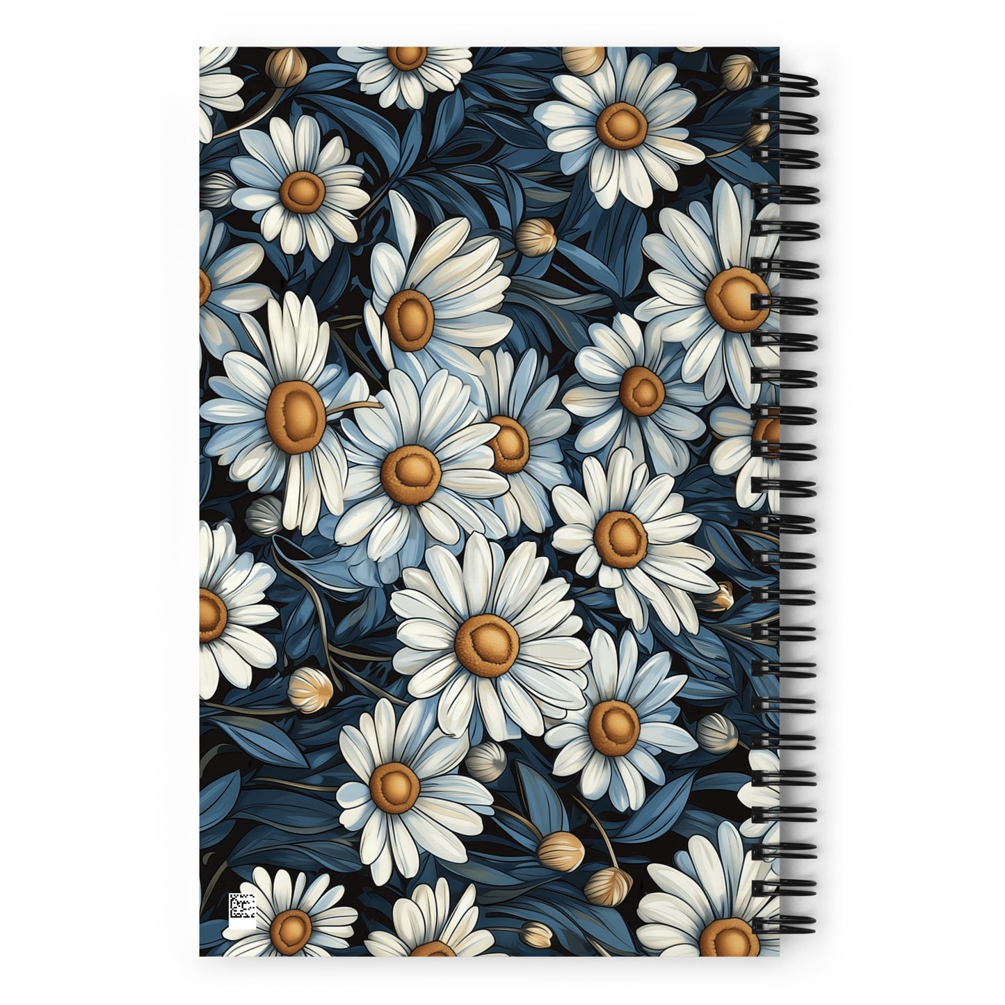 Spiral notebook with a vibrant daisy design by Sweet and Savage on a white background.