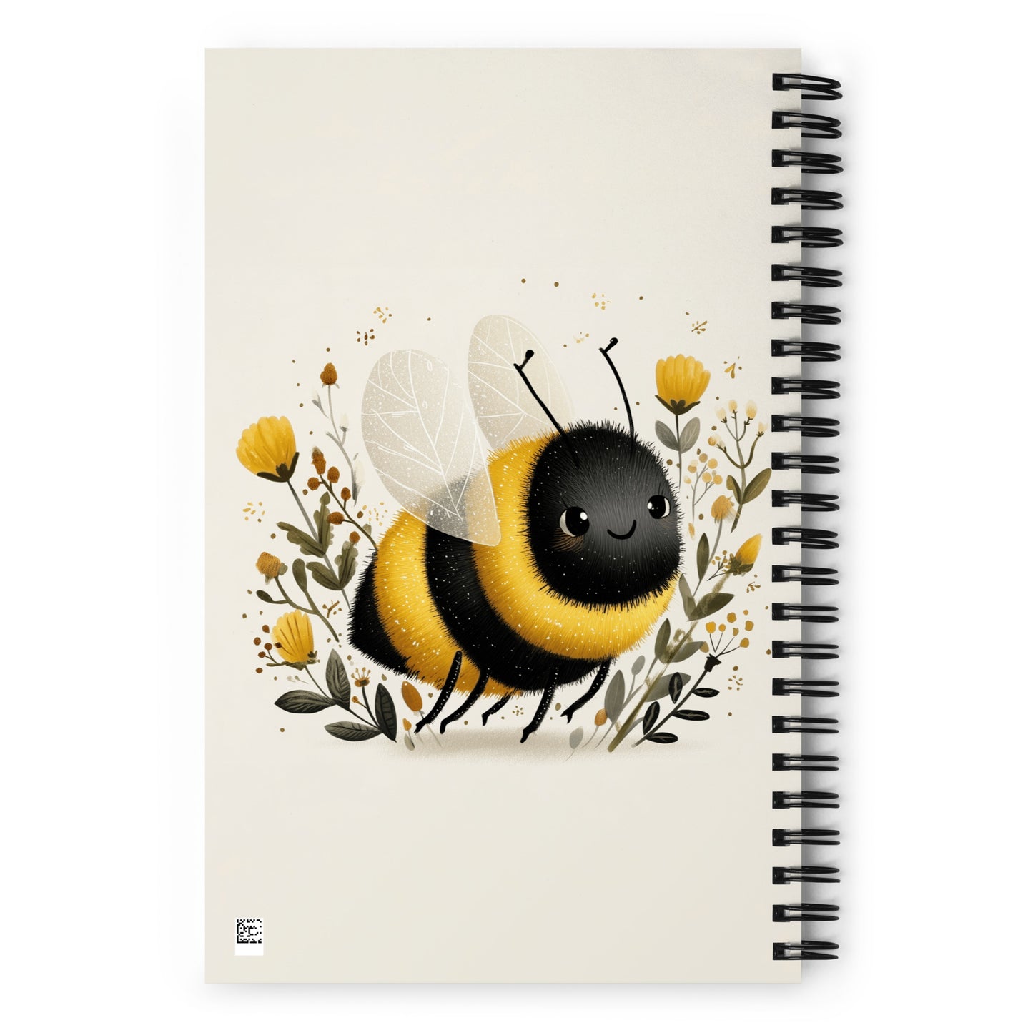 Spiral notebook with a cute bee illustration on a white background.