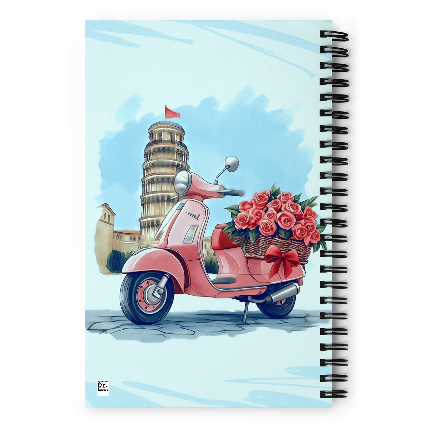 Spiral notebook with a pink Vespa and red roses design featuring the Leaning Tower of Pisa.