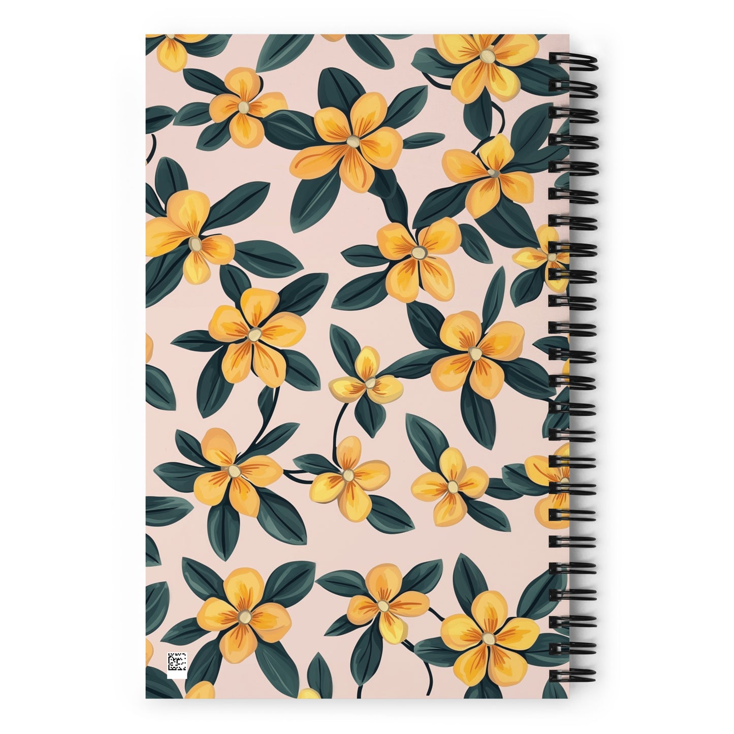 Back cover of a spiral notebook that features yellow Periwinkles and a beige background by Sweet & Savage.
