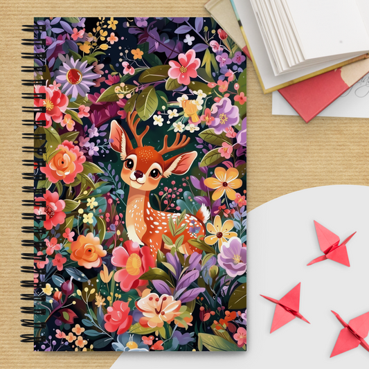 Spiral notebook with a cute deer and floral design on a wooden surface.