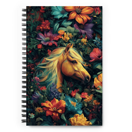 Soft-touch spiral notebook featuring a colorful, majestic horse artistic design