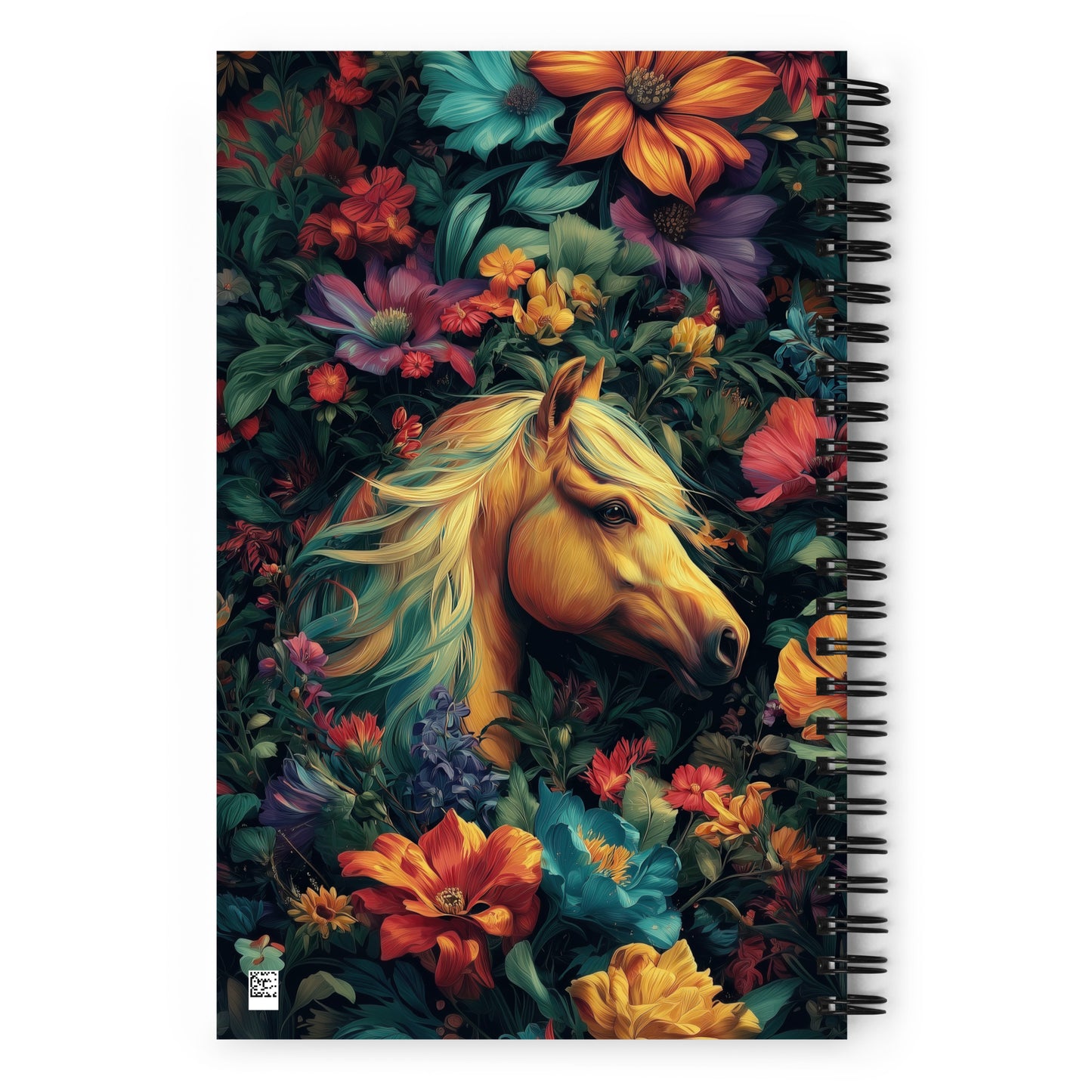 Soft-touch spiral notebook featuring a colorful, majestic horse artistic design.