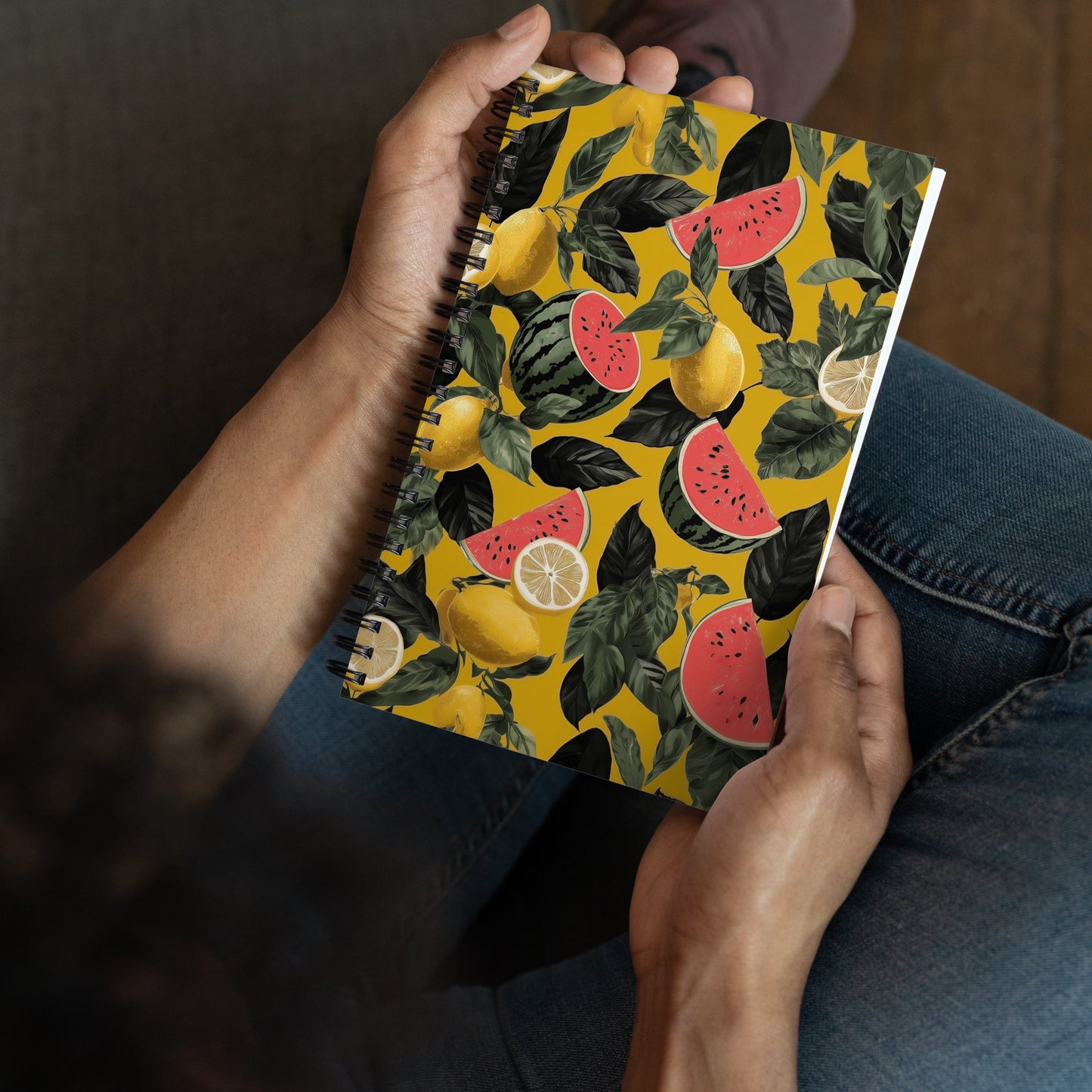 Spiral notebook with a white background featuring a vibrant pattern of sliced watermelons and lemons by Sweet & Savage.