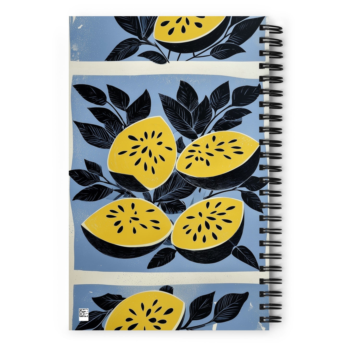 Spiral notebook with a vibrant yellow watermelon pattern on a white background by Sweet & Savage.