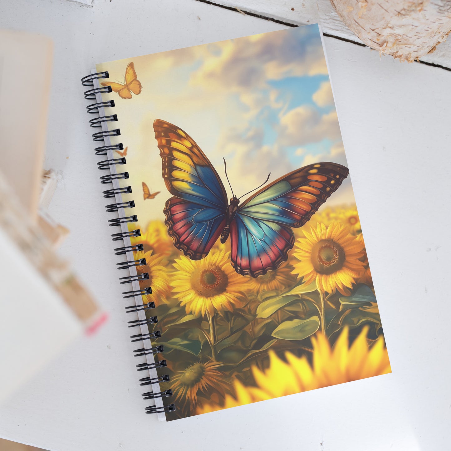 Spiral notebook featuring a vibrant, artistic butterfly design with expressive colors and bold details by Sweet & Savage.