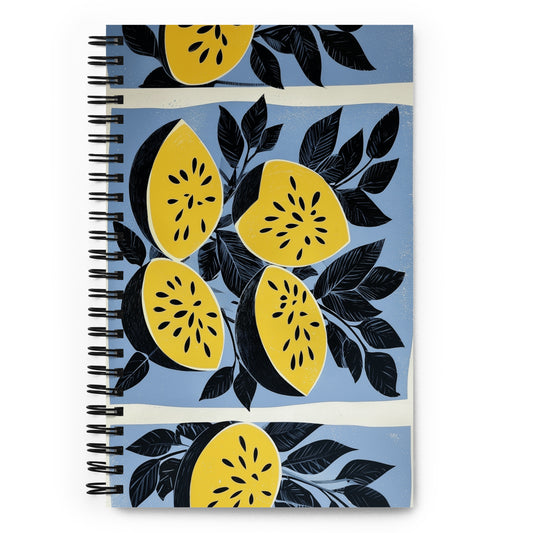 Spiral notebook with a vibrant yellow watermelon pattern on a white background by Sweet & Savage.