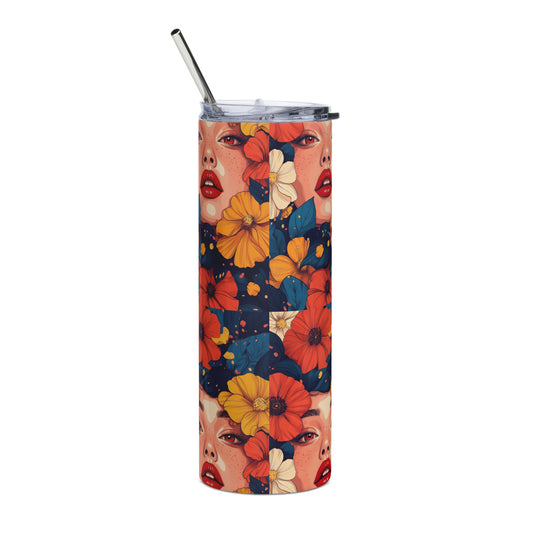 Slim stainless steel tumbler featuring a bold illustration of a woman among vibrant orange flowers.