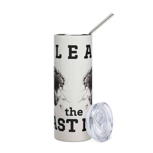 White stainless steel tumbler featuring a bold black panther illustration and "Release the Beast Mode" typography, shown with a metal straw.