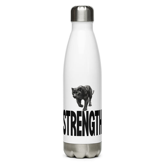 Strength white stainless steel insulated water bottle featuring a bold black graphic print design, shaped like a sleek bowling pin.