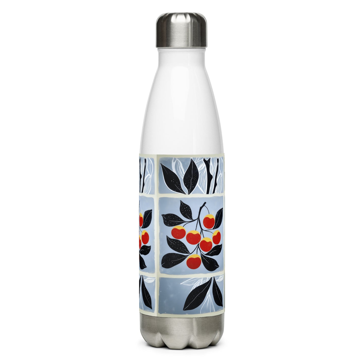 White water bottle with red cherries design on a blue background by Sweet and Savage.