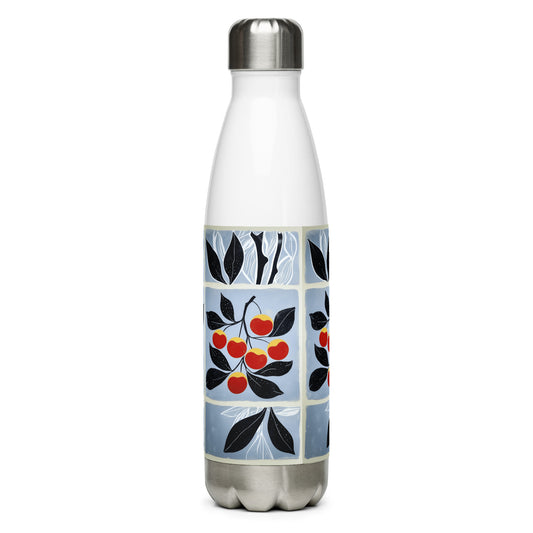 White water bottle with red cherries design on a blue background by Sweet and Savage.