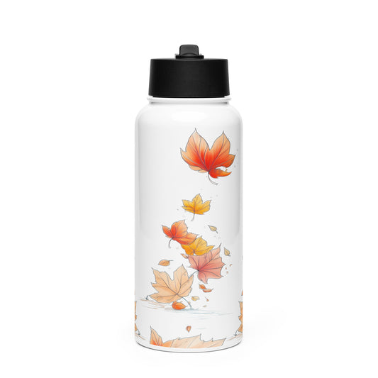 A white insulated water bottle with a black flip-top lid, decorated with a vertical illustration of falling autumn maple leaves in orange, yellow, and peach tones.