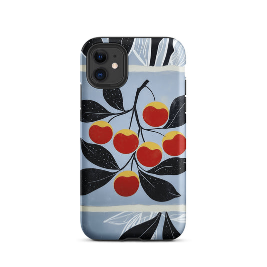 iPhone tough case with cherry design on a light blue background by Sweet and Savage.