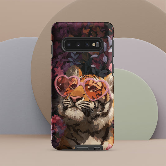 Samsung phone case with a tiger design wearing heart-shaped sunglasses by Sweet and Savage.