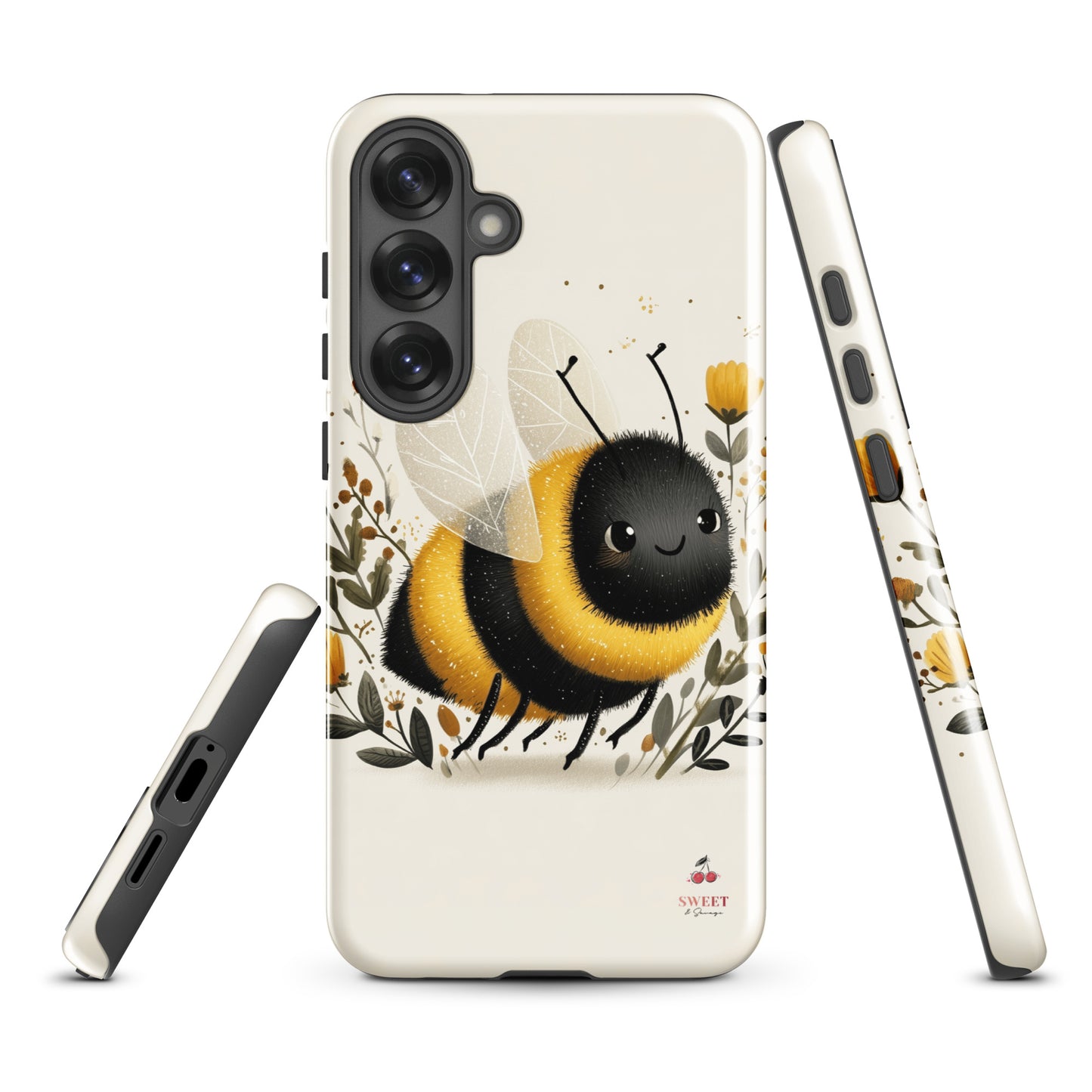 Tough Samsung® Galaxy case featuring a cute, artistic bumblebee with floral accents on a cream background.